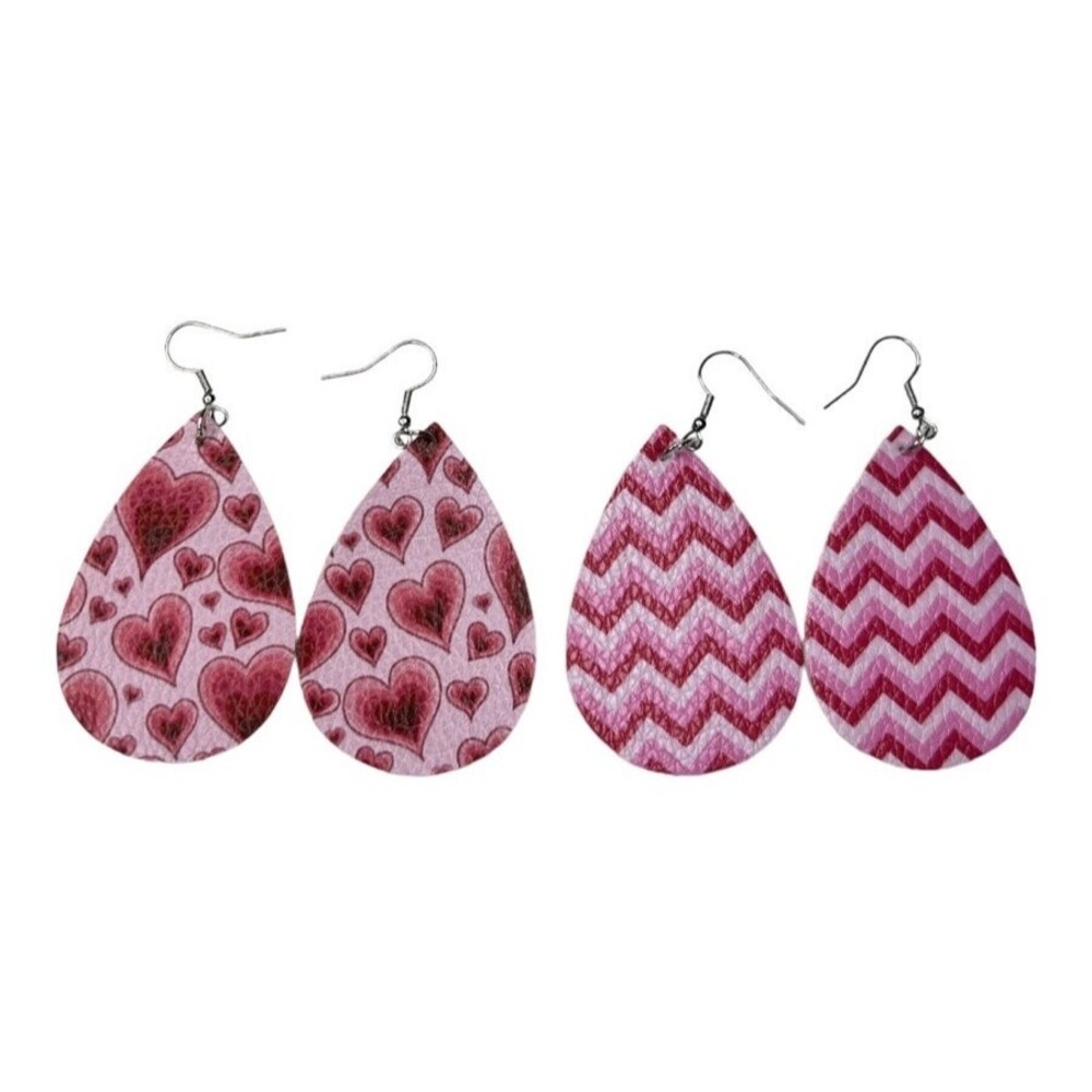 Earrings Heart Chevron Love Earrings Valentines Dangle Faux Leather Red Pink B1
